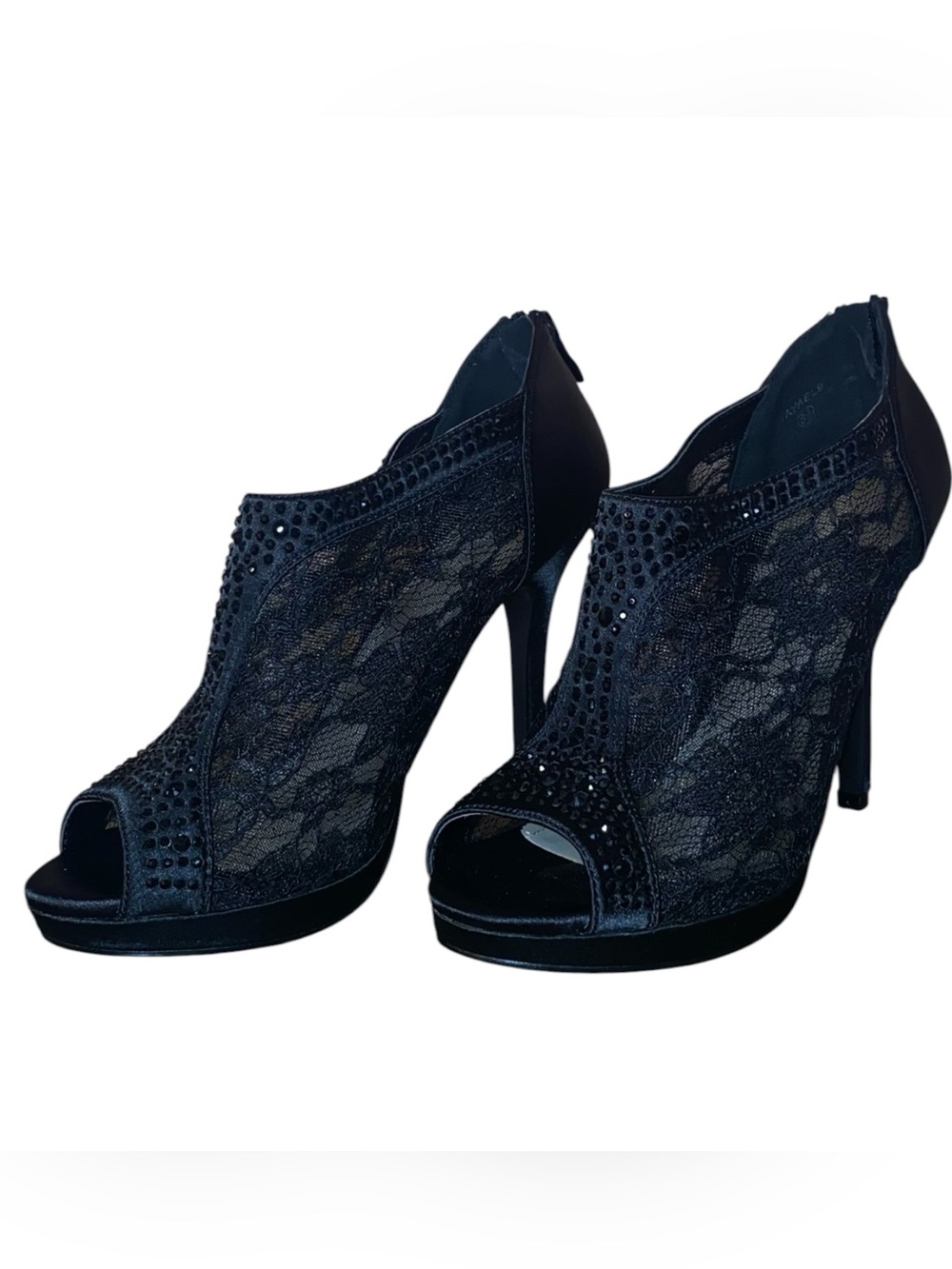 DAVID’S BRIDAL AYAEL9 Michelangelo Dress Heels Black Lace Rhinestones SZ 8-1/2